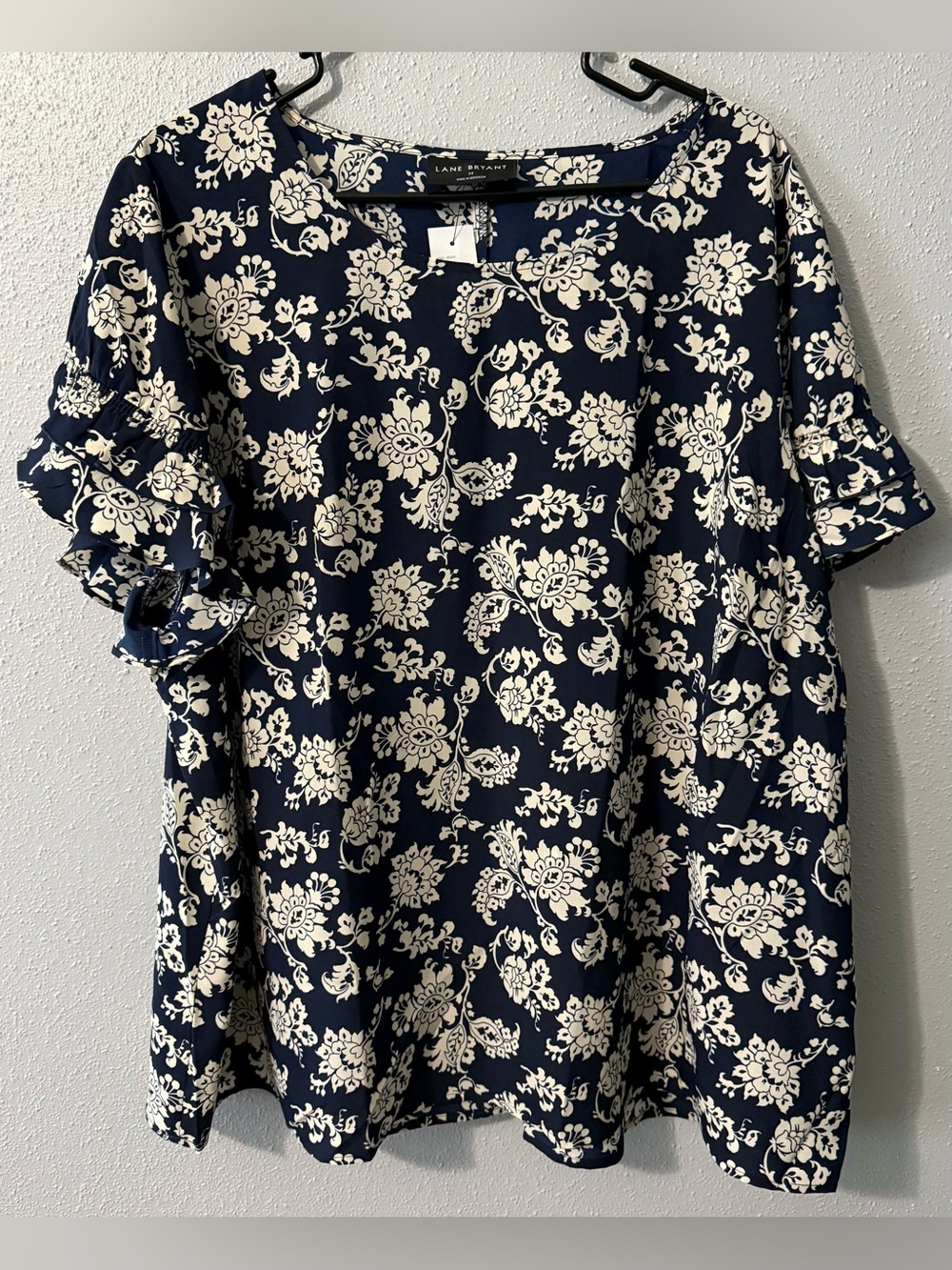 Lane Bryant Navy and Cream Floral Ruffle Sleeve Top